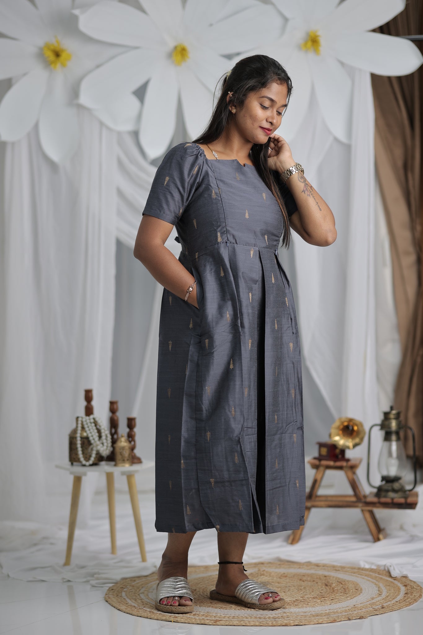 Grey pattern feeding dress