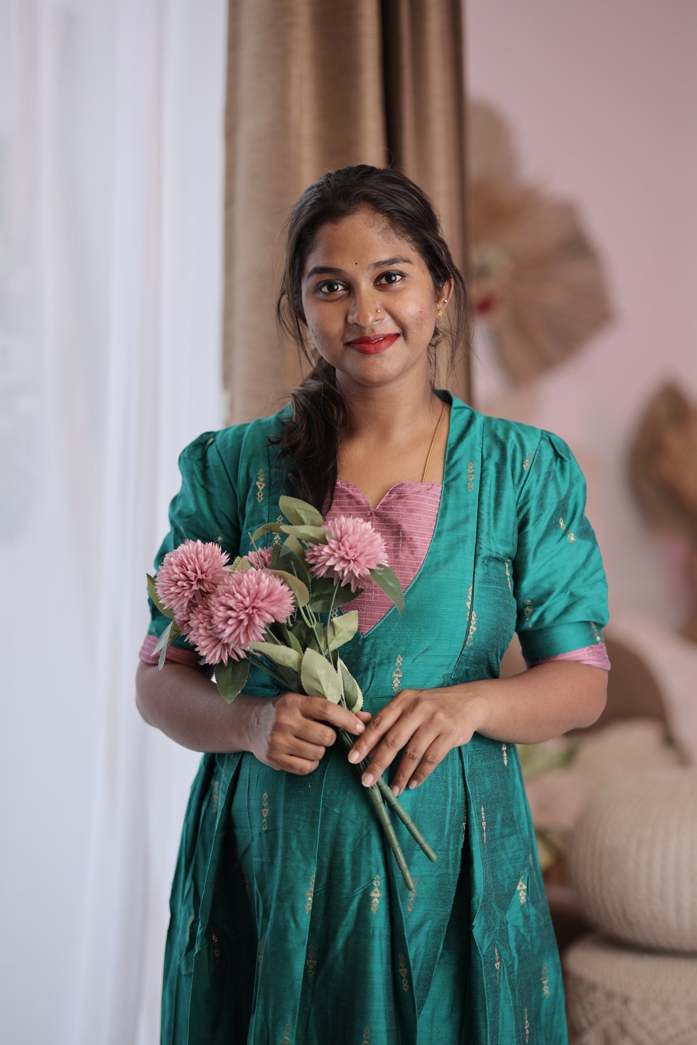 Bright green peach feeding dress