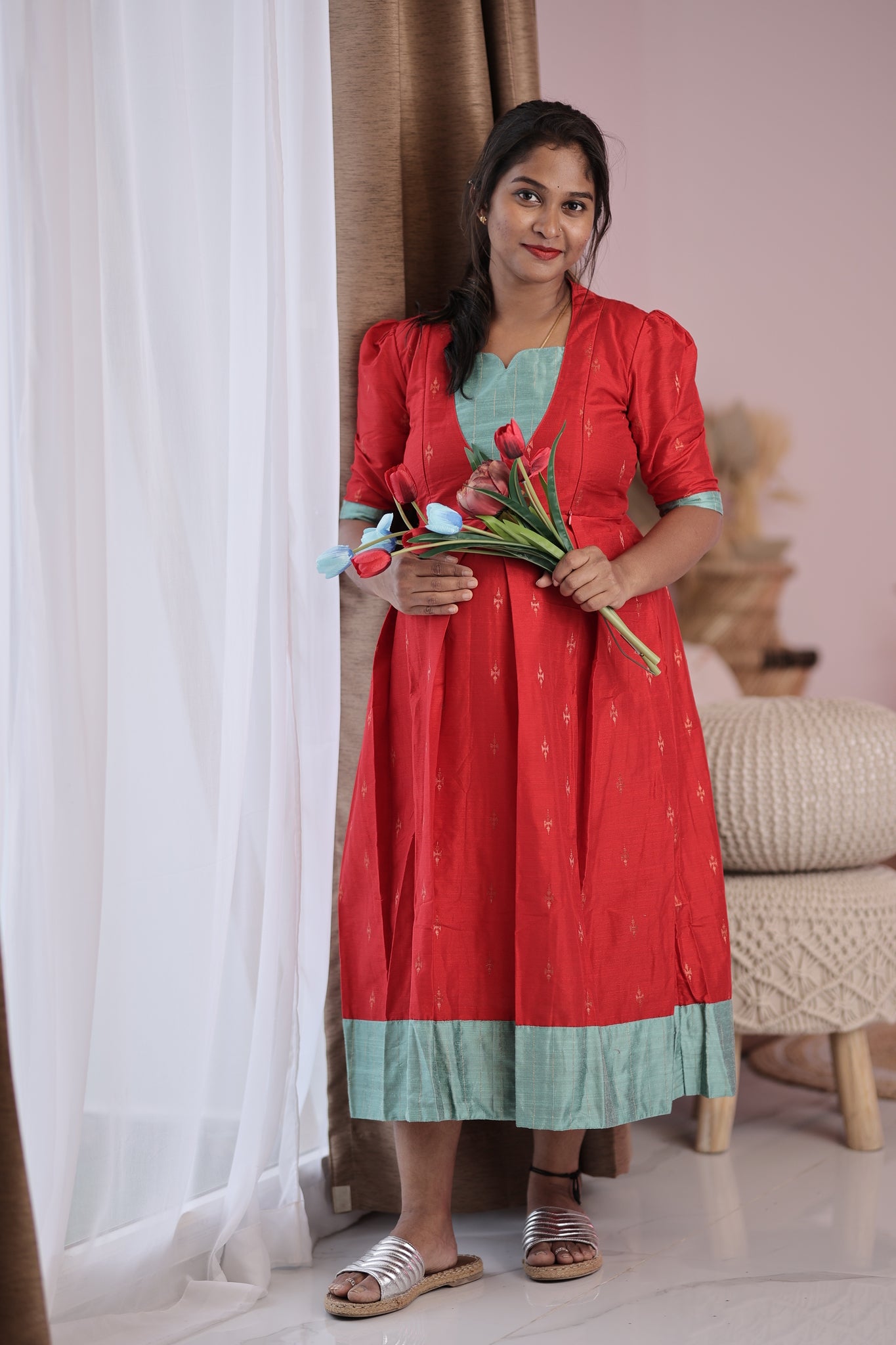 Red grey feeding dress