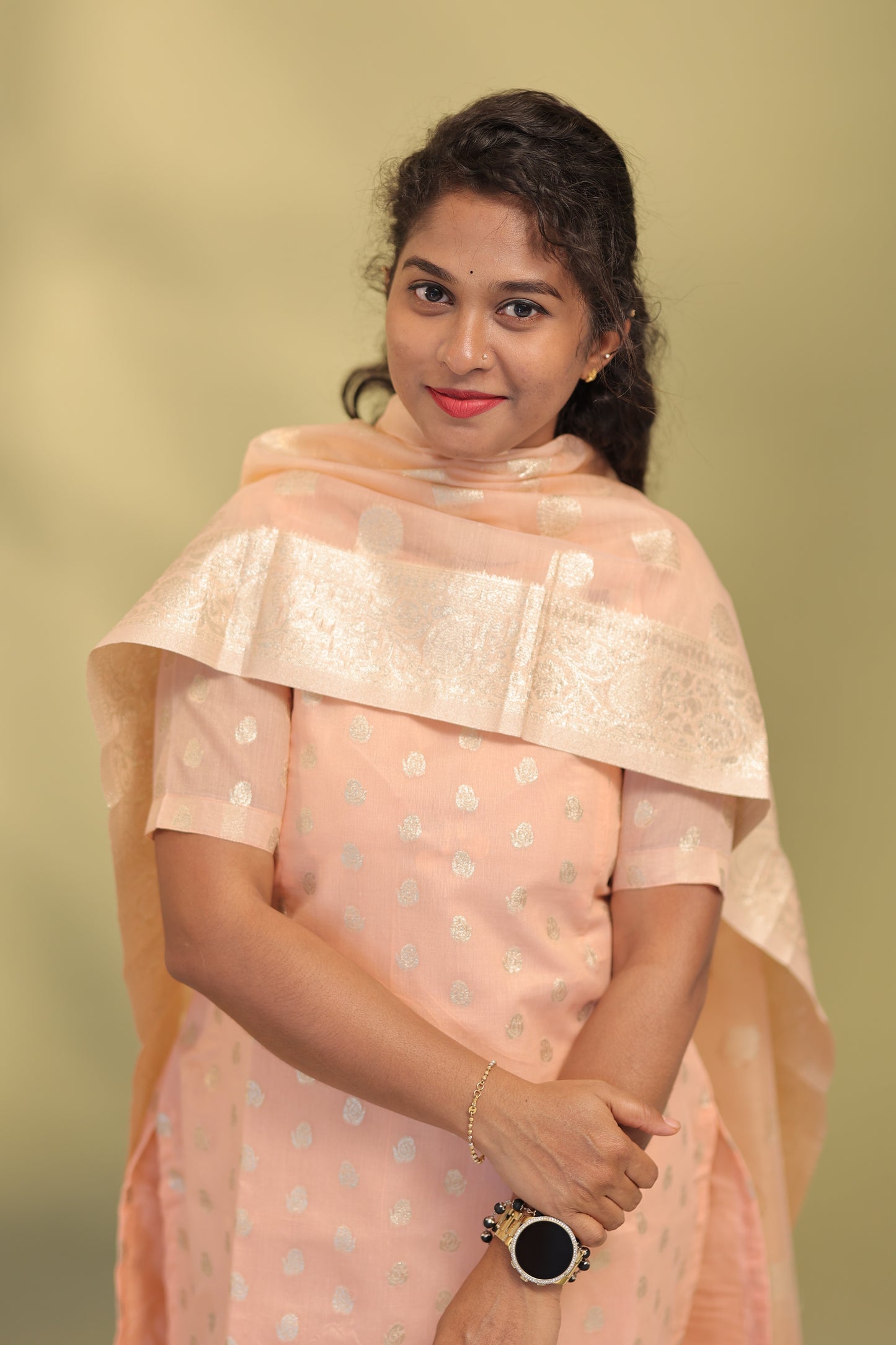 Varsha-peach banaras suits