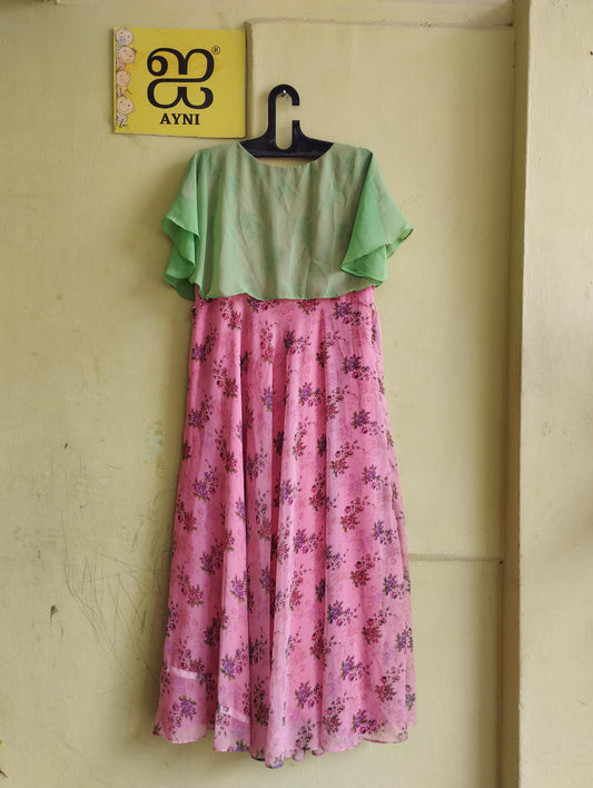 Pink with pista green floral frock